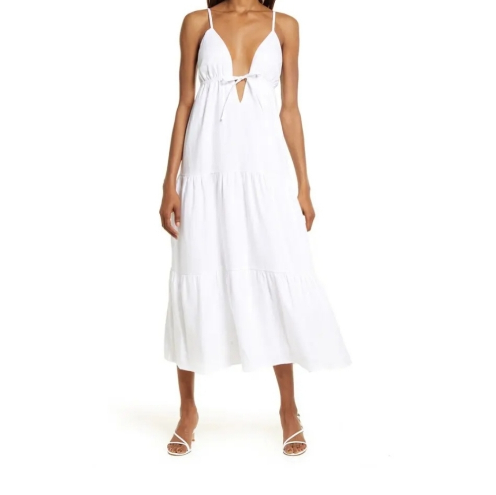 Reformation Odella White Linen Strappy V Neck Dress New With Tag Size L